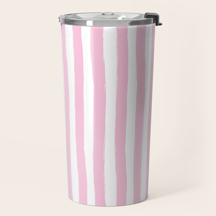 Pink and White Cabana Stripes Palm Beach Preppy Travel Mug Gallery Image 2