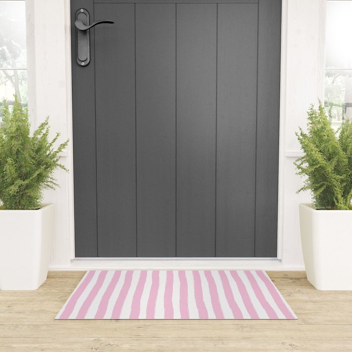 Pink and White Cabana Stripes Palm Beach Preppy Welcome Mat Gallery Image 3