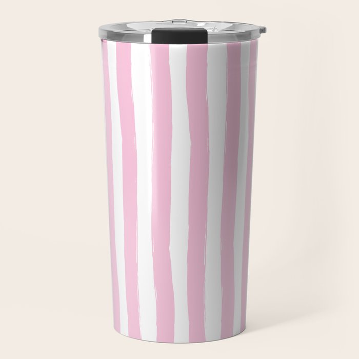 Pink and White Cabana Stripes Palm Beach Preppy Travel Mug Gallery Image 1