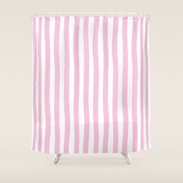 Pink and White Cabana Stripes Palm Beach Preppy Shower Curtain Gallery Image 1