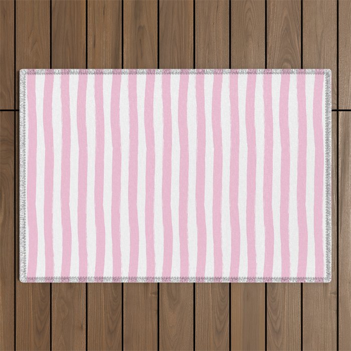 Pink and White Cabana Stripes Palm Beach Preppy Outdoor Rug Gallery Image 1