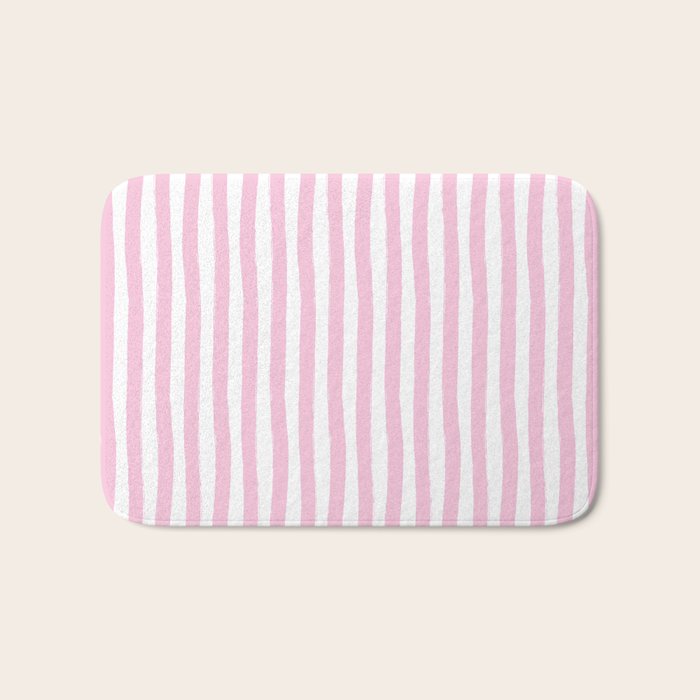 Pink and White Cabana Stripes Palm Beach Preppy Bath Mat Gallery Image 1