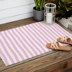 Pink and White Cabana Stripes Palm Beach Preppy Outdoor Rug Gallery Image 2