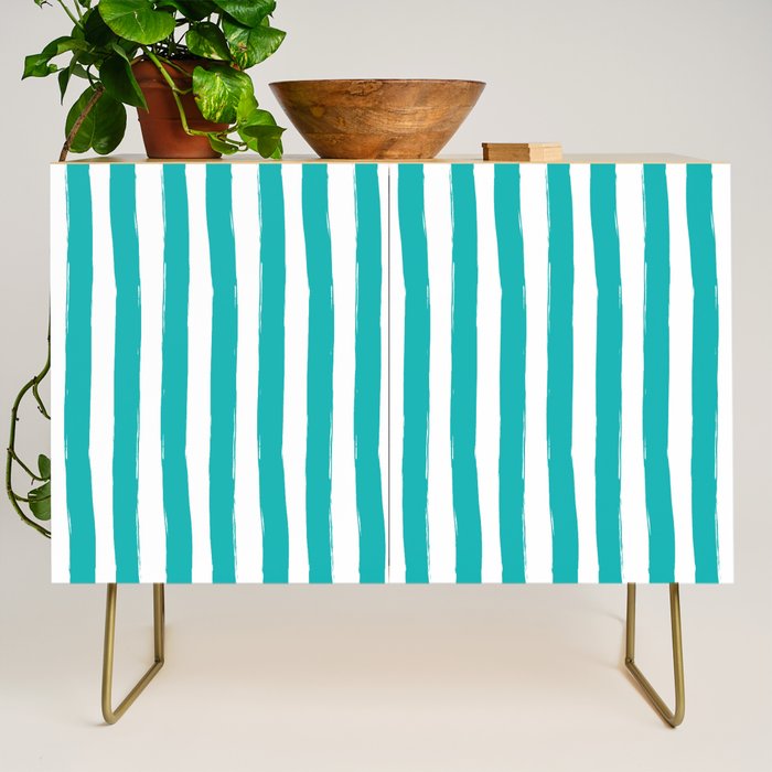 Turquoise and White Cabana Stripes Palm Beach Preppy Credenza Gallery Image 1
