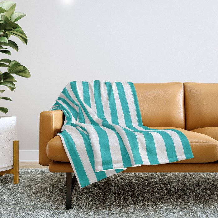 Turquoise and White Cabana Stripes Palm Beach Preppy Throw Blanket Gallery Image 1