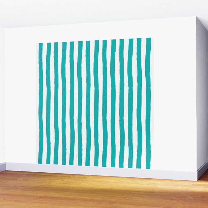 Turquoise and White Cabana Stripes Palm Beach Preppy Wall Mural Gallery Image 2
