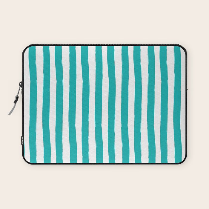 Turquoise and White Cabana Stripes Palm Beach Preppy Laptop Sleeve Gallery Image 1