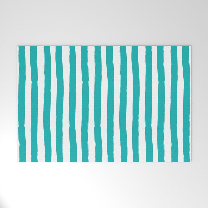 Turquoise and White Cabana Stripes Palm Beach Preppy Welcome Mat Gallery Image 1