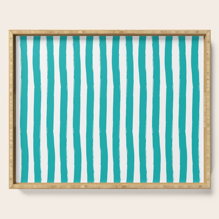Turquoise and White Cabana Stripes Palm Beach Preppy Serving Tray Gallery Image 1