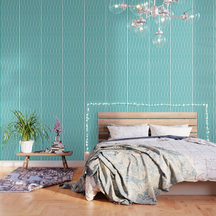 Turquoise and White Cabana Stripes Palm Beach Preppy Wallpaper Gallery Image 1