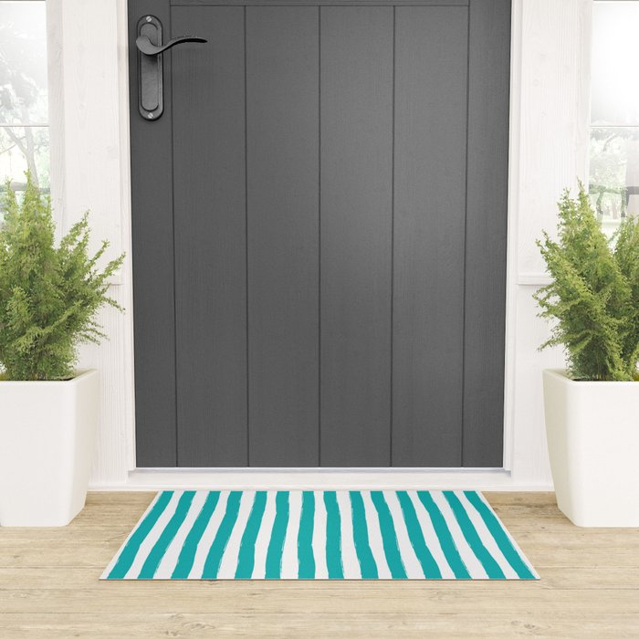 Turquoise and White Cabana Stripes Palm Beach Preppy Welcome Mat Gallery Image 3