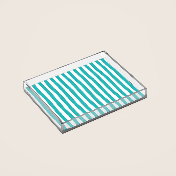 Turquoise and White Cabana Stripes Palm Beach Preppy Acrylic Tray Gallery Image 2
