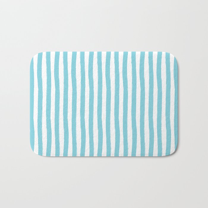 Turquoise and White Cabana Stripes Palm Beach Preppy Bath Mat Gallery Image 1
