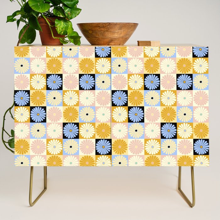 Retro Flowers Check Pattern XXVII Credenza Gallery Image 1