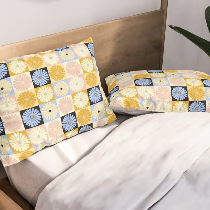 Retro Flowers Check Pattern XXVII Pillow Sham Gallery Image 2