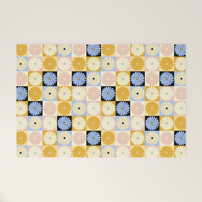 Retro Flowers Check Pattern XXVII Welcome Mat Gallery Image 1