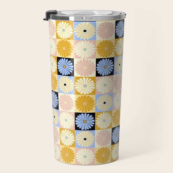 Retro Flowers Check Pattern XXVII Travel Mug Gallery Image 3