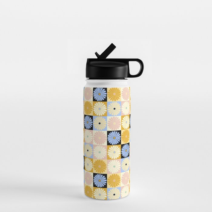 Retro Flowers Check Pattern XXVII Water Bottle Gallery Image 1