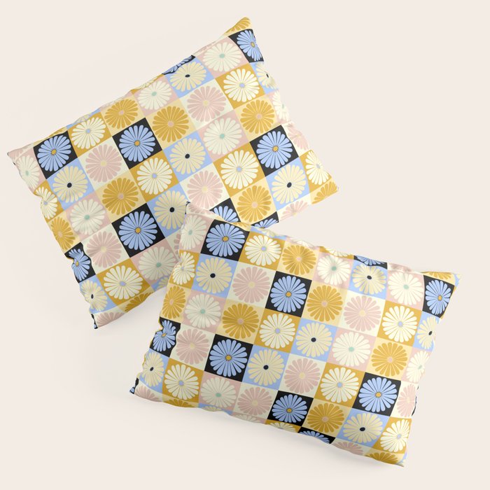 Retro Flowers Check Pattern XXVII Pillow Sham Gallery Image 3