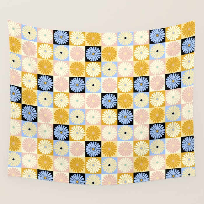 Retro Flowers Check Pattern XXVII Wall Tapestry Gallery Image 1