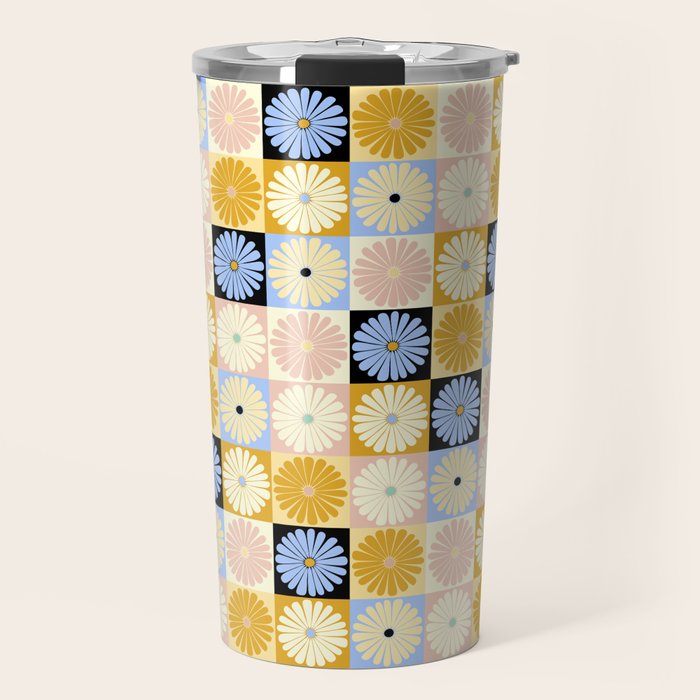 Retro Flowers Check Pattern XXVII Travel Mug Gallery Image 1