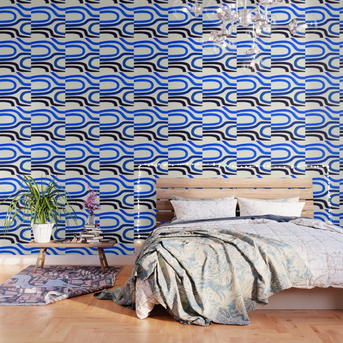 Electric Blues Fun Colorful Mid Century Modern Abstract Painting Shapes Pattern Wallpaper Gallery Image 1
