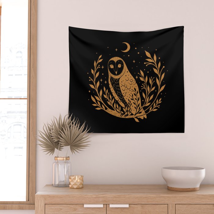 Owl Moon - Gold Wall Tapestry Gallery Image 2