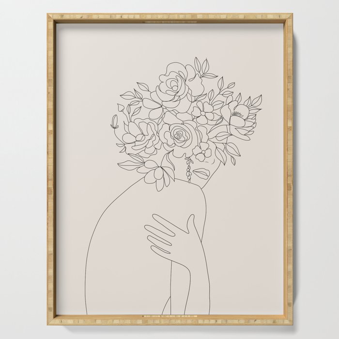 Woman with Flowers Minimal Line III Serving Tray Gallery Image 1