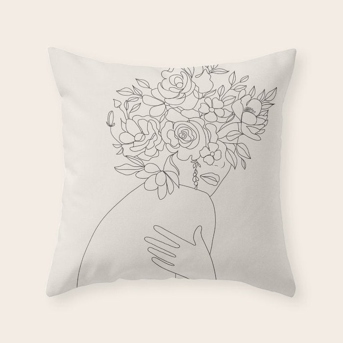 Woman with Flowers Minimal Line III Throw Pillow Gallery Image 6
