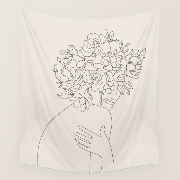 Woman with Flowers Minimal Line III Wall Tapestry Gallery Image 4