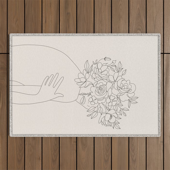Woman with Flowers Minimal Line III Outdoor Rug Gallery Image 1