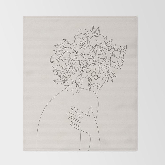 Woman with Flowers Minimal Line III Throw Blanket Gallery Image 2