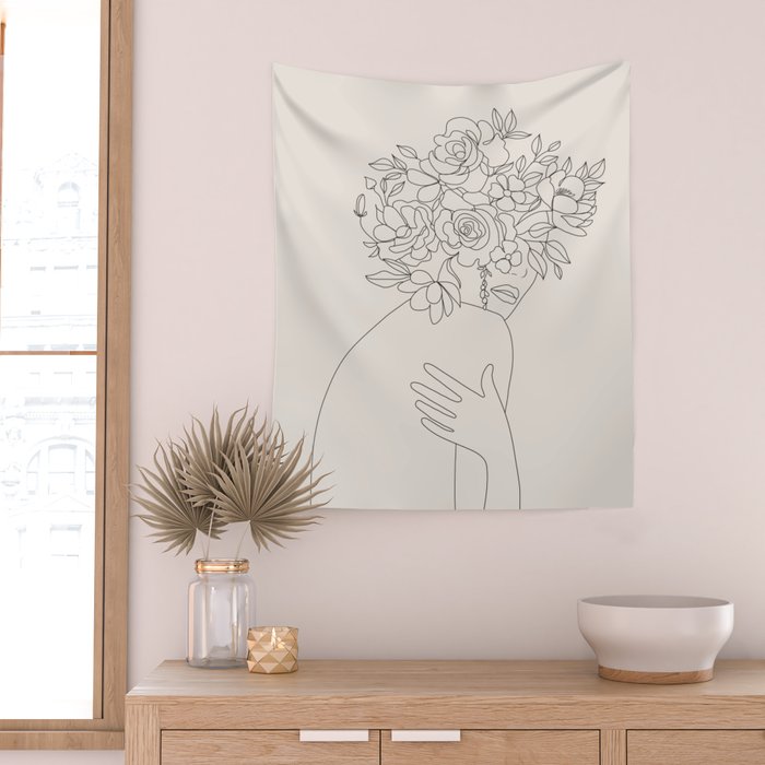 Woman with Flowers Minimal Line III Wall Tapestry Gallery Image 2
