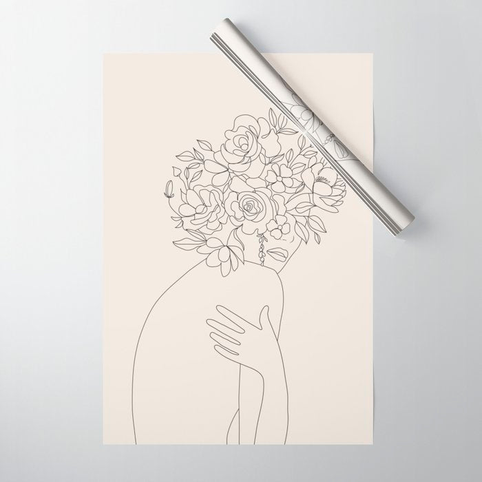Woman with Flowers Minimal Line III Wrapping Paper Gallery Image 1