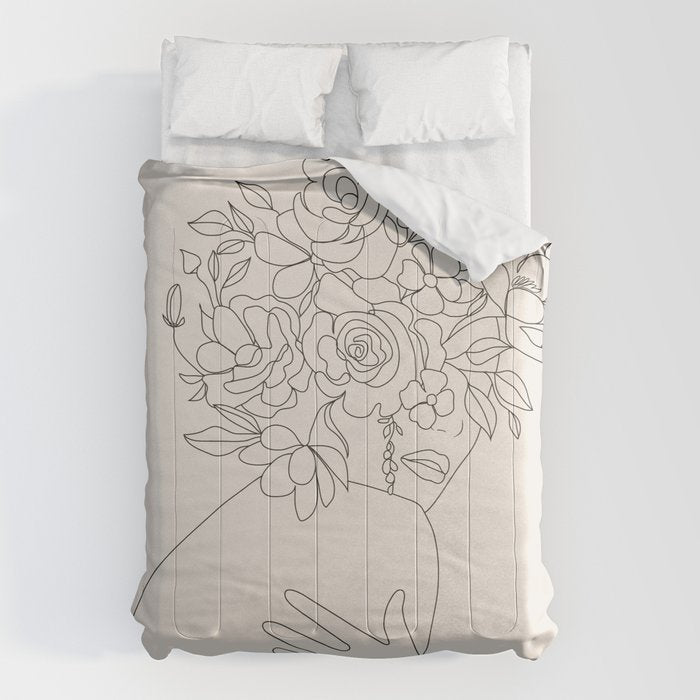 Woman with Flowers Minimal Line III Comforter Gallery Image 1