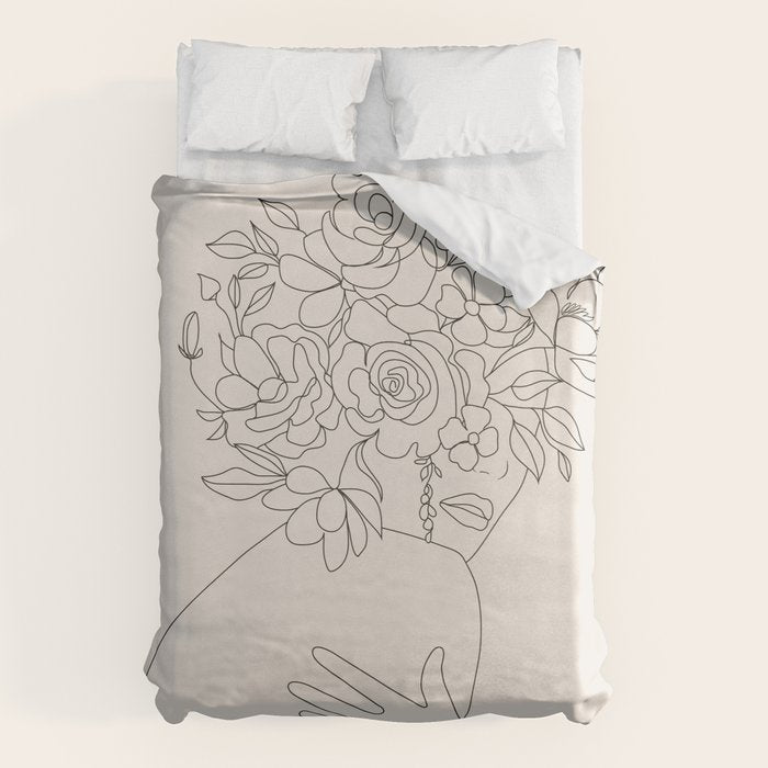 Woman with Flowers Minimal Line III Duvet Cover Gallery Image 6