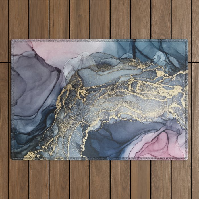 Blush, Payne's Gray and Gold Metallic Abstract Outdoor Rug Gallery Image 1
