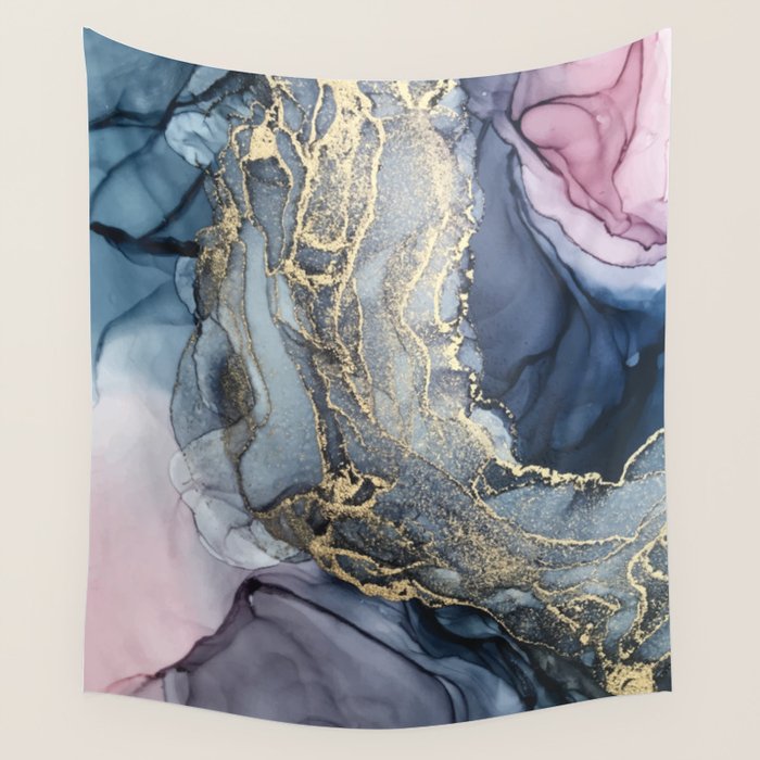 Blush, Payne's Gray and Gold Metallic Abstract Wall Tapestry Gallery Image 1