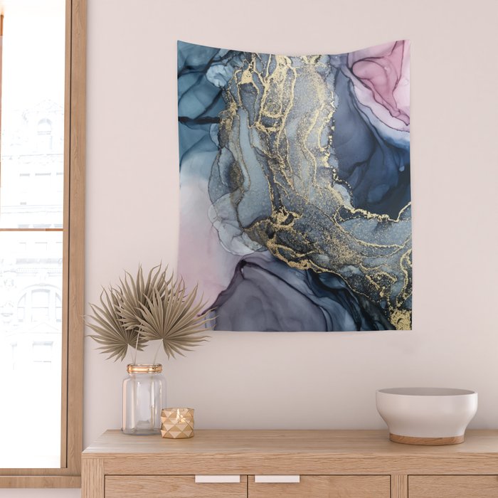 Blush, Payne's Gray and Gold Metallic Abstract Wall Tapestry Gallery Image 2
