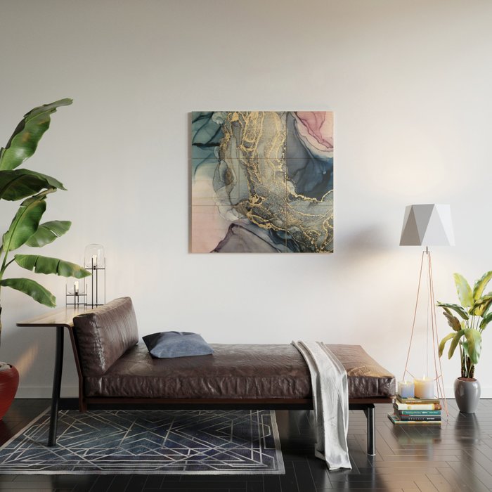 Blush, Payne's Gray and Gold Metallic Abstract Wood Wall Art Gallery Image 2
