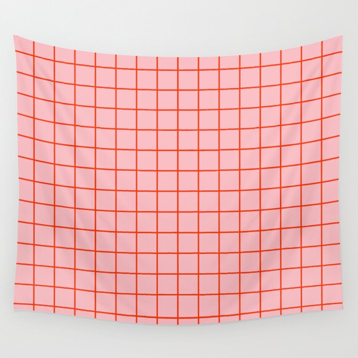 Grid Lines Pink and Red Orange Geometric Pattern Wall Tapestry Gallery Image 4