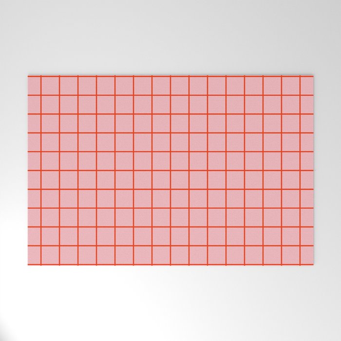 Grid Lines Pink and Red Orange Geometric Pattern Welcome Mat Gallery Image 1