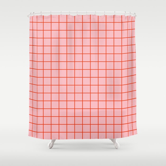Grid Lines Pink and Red Orange Geometric Pattern Shower Curtain Gallery Image 1