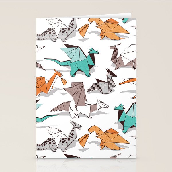 Origami dragon friends // white background aqua orange grey and taupe fantastic creatures Stationery Card Gallery Image 1