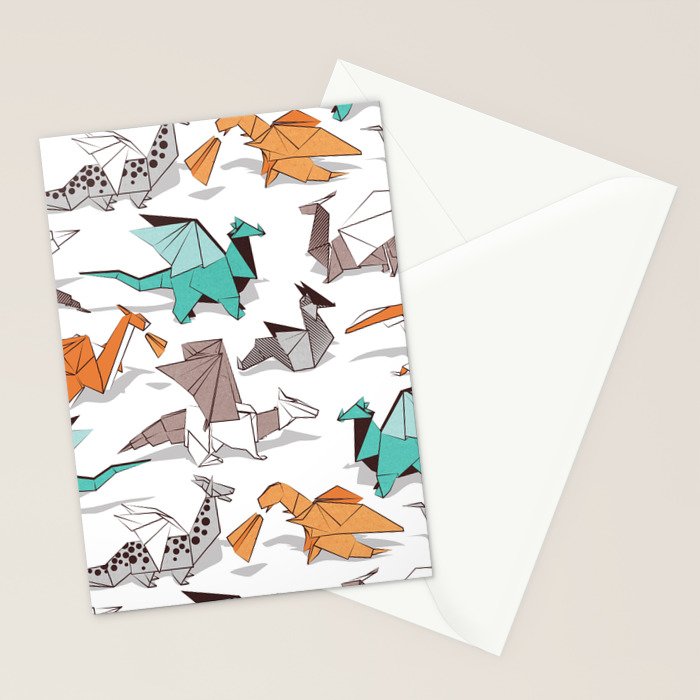 Origami dragon friends // white background aqua orange grey and taupe fantastic creatures Stationery Card Gallery Image 2