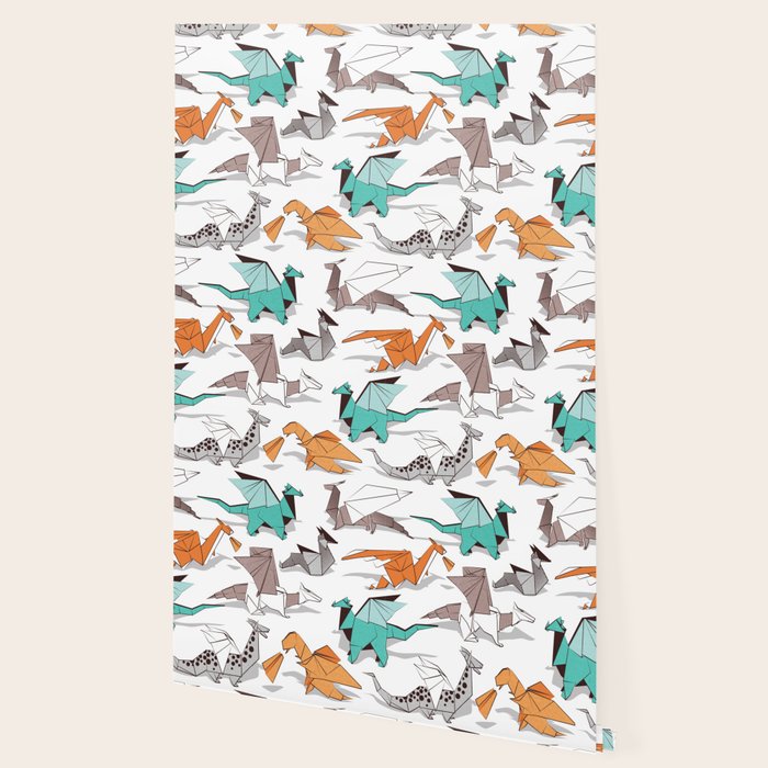 Origami dragon friends // white background aqua orange grey and taupe fantastic creatures Wallpaper Gallery Image 2