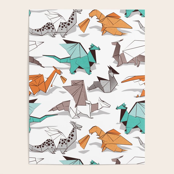 Origami dragon friends // white background aqua orange grey and taupe fantastic creatures Poster Gallery Image 1
