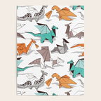 Origami dragon friends // white background aqua orange grey and taupe fantastic creatures Poster Gallery Image 4