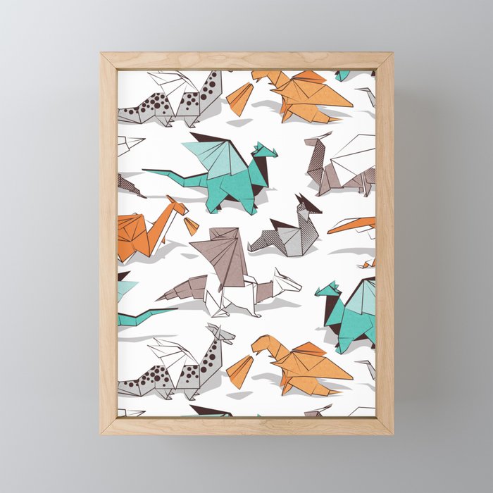 Origami dragon friends // white background aqua orange grey and taupe fantastic creatures Mini Art Print Gallery Image 1