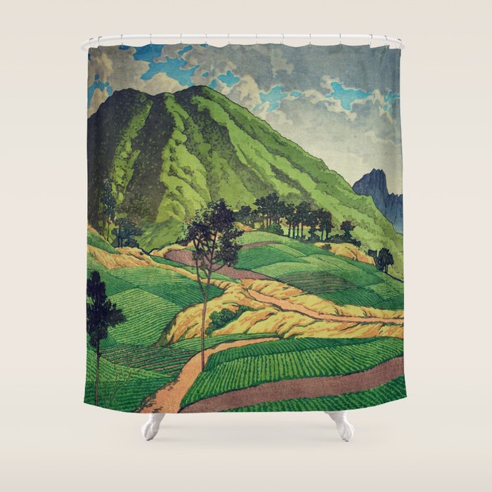 Crossing people's land in Iksey - Summer Green Mountain Ukiyoe Nature Landscape Shower Curtain Gallery Image 1